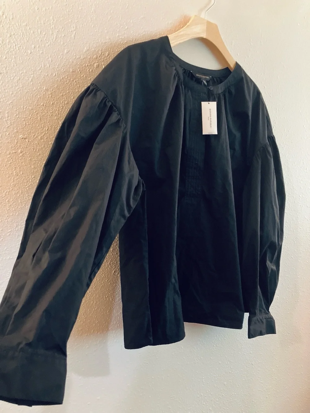 Banana Republic Balloon Volume Puff Sleeve Cotton Poplin Blouse Top Black Split